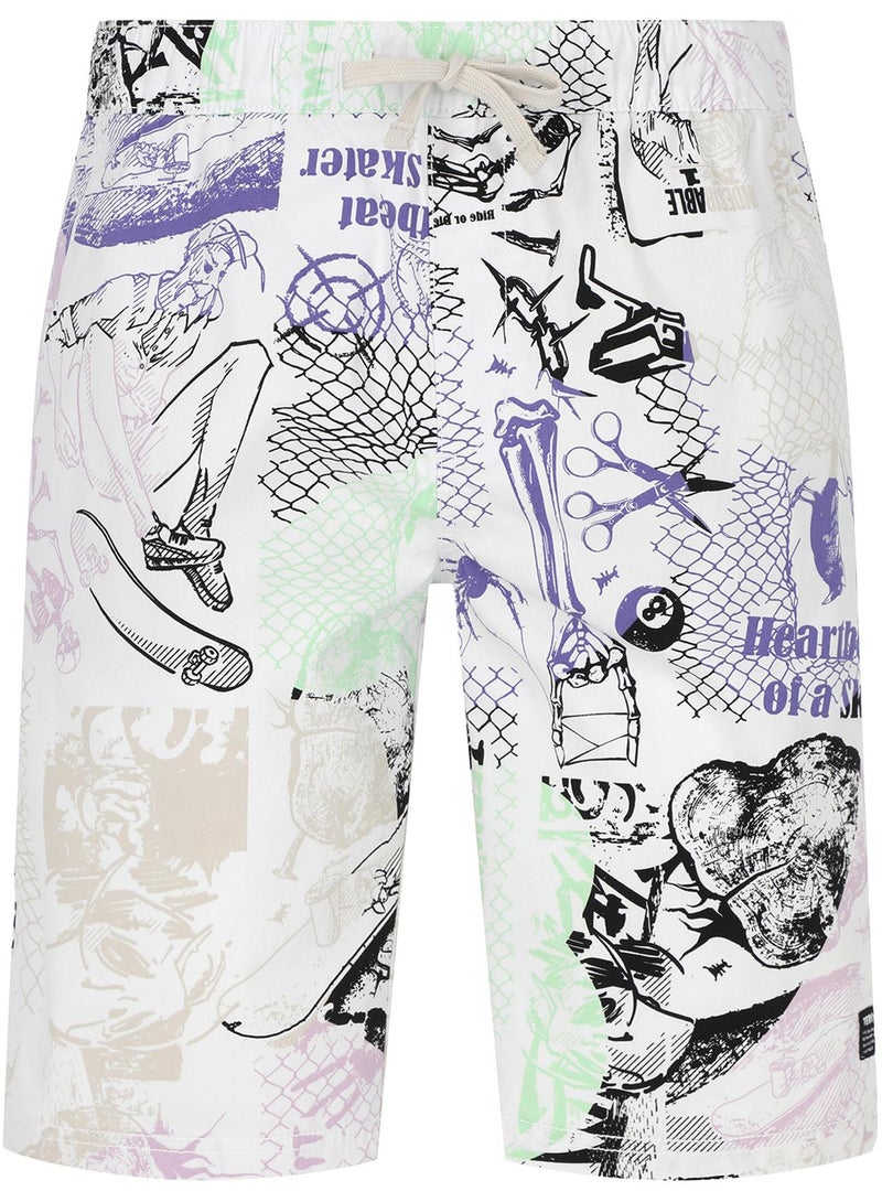 Termit Men's White Printed Shorts, Termit, High Cotton Content, Adjustable Drawcord, 3 Pockets, Comfortable and Stylish for Summer Adventures 