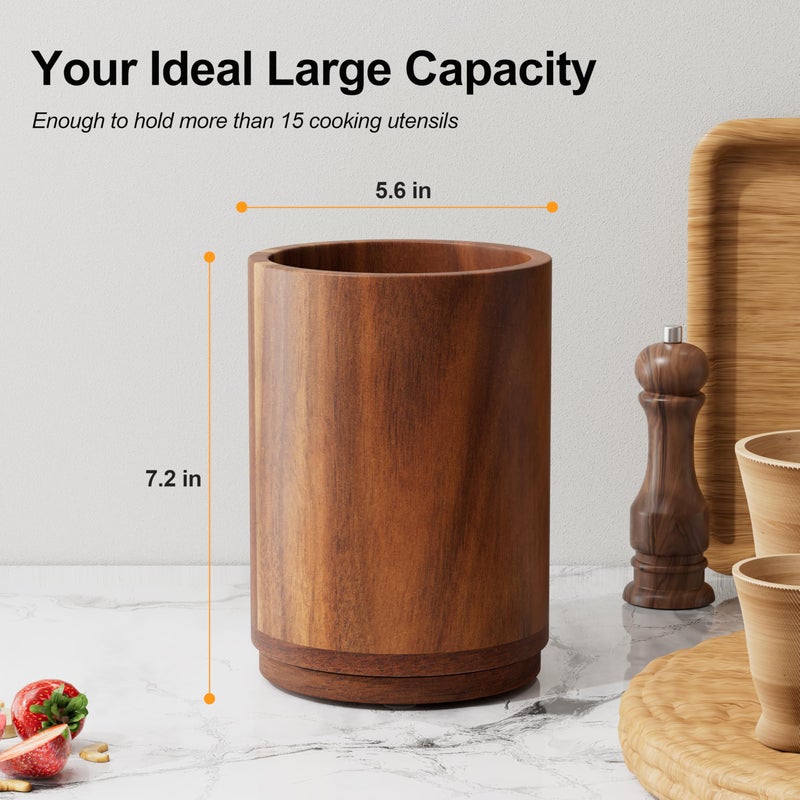 ZUJJAFY Utensil Holder, 360Â° Rotating Acacia Wood Kitchen Utensil Holder for Counter, 7.2" Large Cooking Utensil Crock for Countertop, Wooden Utensils Organizer for Cooking Spatula Storage - Image 2
