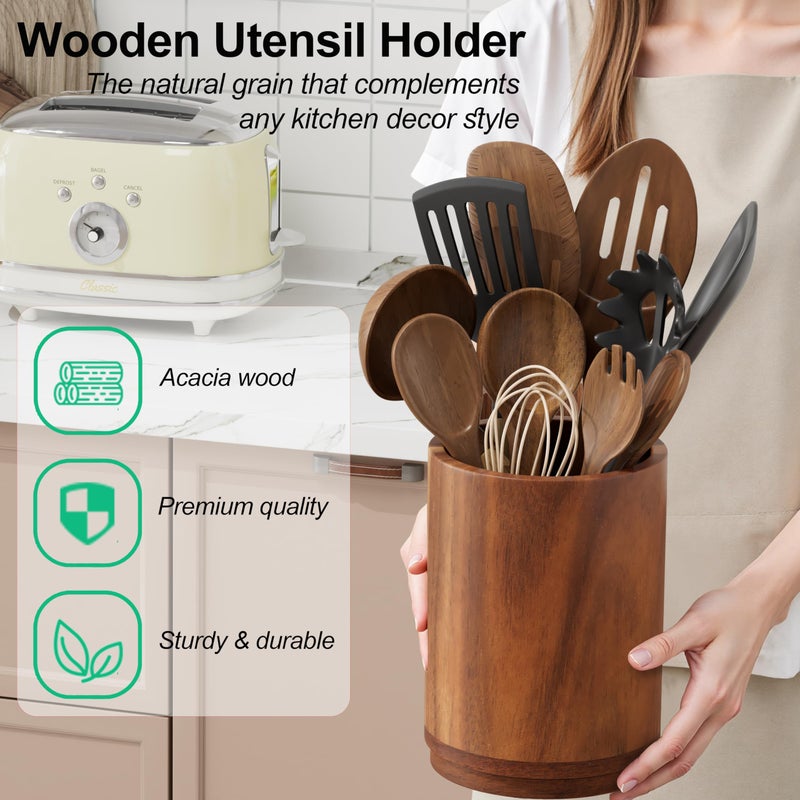 ZUJJAFY Utensil Holder, 360Â° Rotating Acacia Wood Kitchen Utensil Holder for Counter, 7.2" Large Cooking Utensil Crock for Countertop, Wooden Utensils Organizer for Cooking Spatula Storage - Image 4