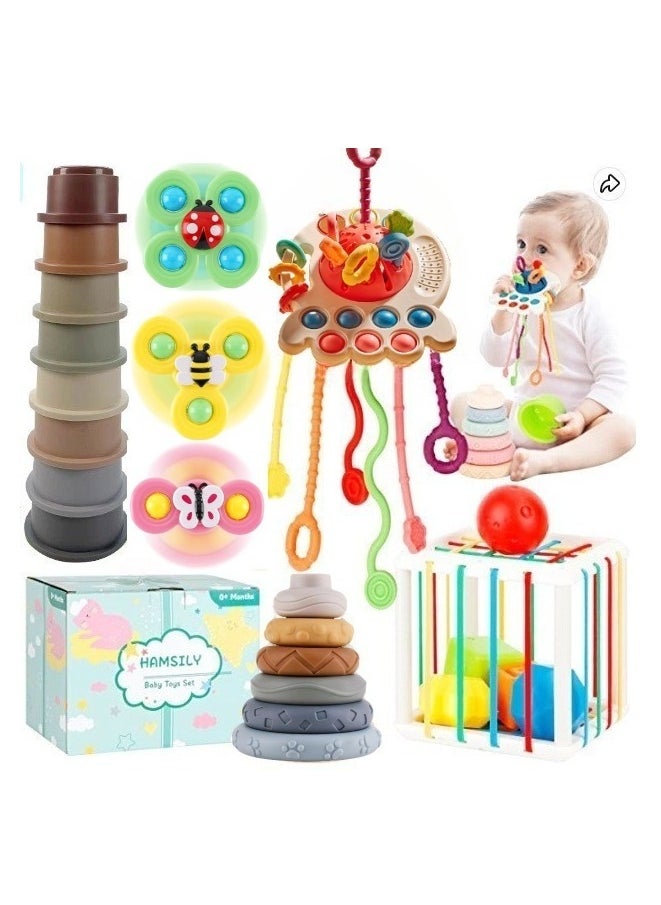 XiuWoo 5-in-1 Montessori Toys for babies, Stacking Cup,Shape Sorter,Blocks Cube,Developmental Toys,Baby Toys 6 to 12 Months, Baby Sensory Toys Birthday Gift Food-Grade Silicone  - Image 1