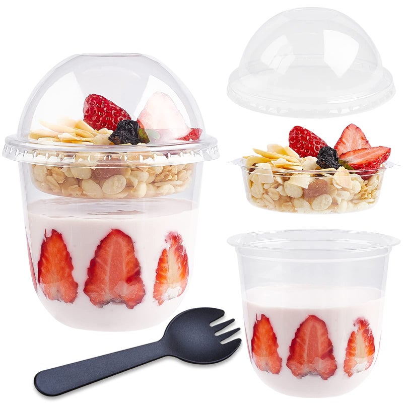 TOFLEN 12 oz Clear Plastic Yogurt Parfait Cups with Lids Disposable To Go Cereal Cups for Breakfast Snack Fruit  Veggies and Dips (50 Cups+Inserts+Sporks+Dome Lids) - Image 1