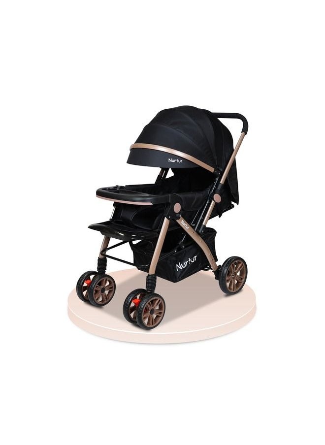 Nurtur Baby Travel Stroller With Storage Basket, Detachable Food Tray, 5 Point Safety Harness, Adjustable Backrest And Reversible Handle, 0 To 3 Years, Black  - Image 1