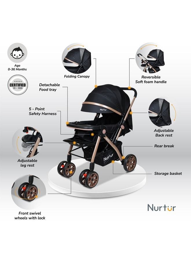 Nurtur Baby Travel Stroller With Storage Basket, Detachable Food Tray, 5 Point Safety Harness, Adjustable Backrest And Reversible Handle, 0 To 3 Years, Black  - Image 2