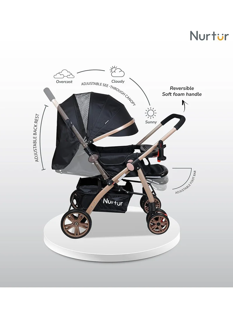 نورتر Wilder Reversible Reversible Baby/Kids Stroller 5 Point Safety Harness, Adjustable Backrest and Canopy, Reversible Handle, Black