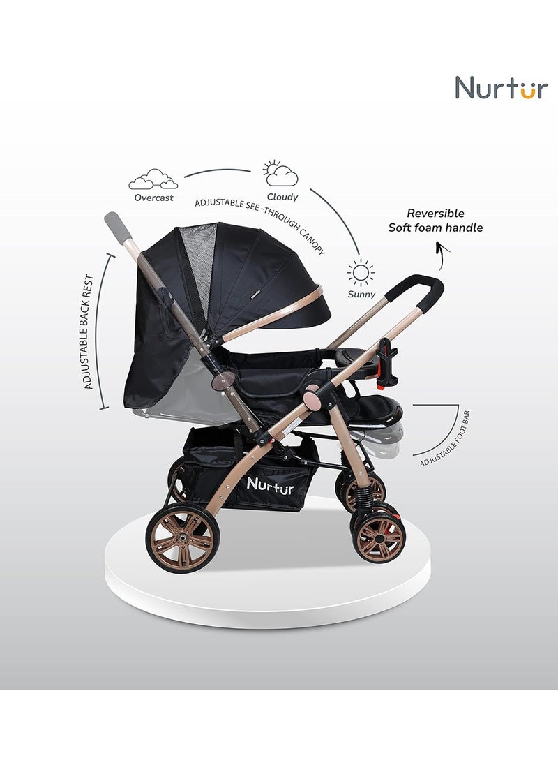 Nurtur Baby Travel Stroller With Storage Basket, Detachable Food Tray, 5 Point Safety Harness, Adjustable Backrest And Reversible Handle, 0 To 3 Years, Black  - Image 3