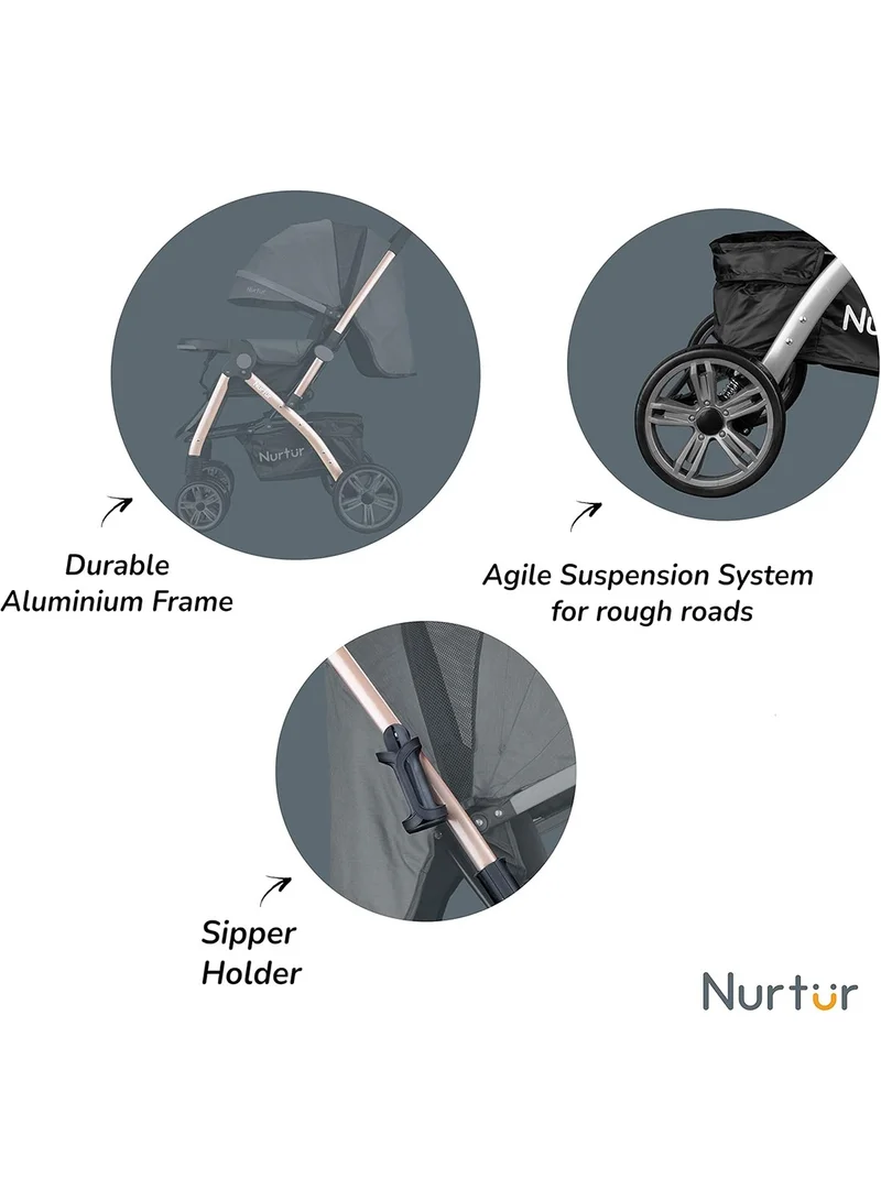 نورتر Wilder Reversible Reversible Baby/Kids Stroller 5 Point Safety Harness, Adjustable Backrest and Canopy, Reversible Handle, Black