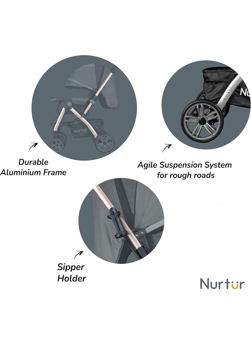 Nurtur Baby Travel Stroller With Storage Basket, Detachable Food Tray, 5 Point Safety Harness, Adjustable Backrest And Reversible Handle, 0 To 3 Years, Black  - Image 5