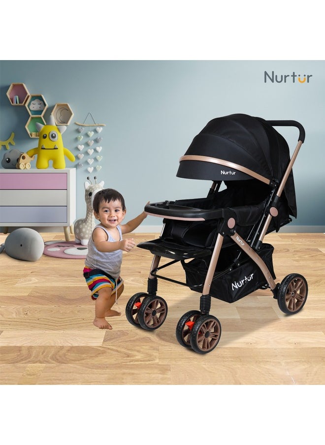 Nurtur - Baby Travel Stroller With Storage Basket, Detachable Food Tray, 5 Point Safety Harness, Adjustable Backrest And Reversible Handle, 0 To 3 Years, Black - Image 1