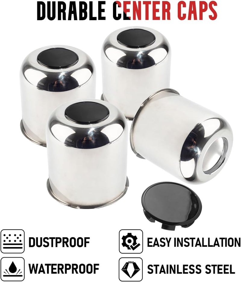 RTRHINOTUNING Stainless Steels 4.25in Chrome Trailer Wheel Center Caps Black Removable Top Caps Truck RV Push Through Hub Caps 4.29“ Tall - Image 4
