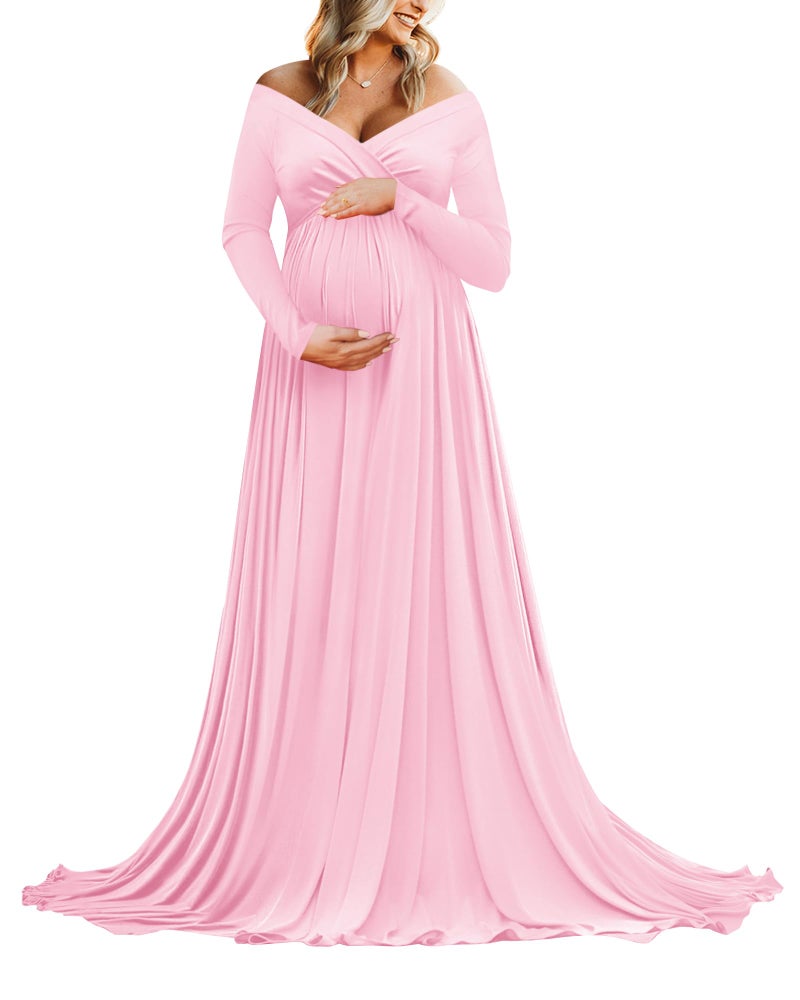 Saslax Maternity Off Shoulders Long Sleeve Half Circle Gown for Baby Shower Photo Props Dress Pink 29 Medium - Image 1