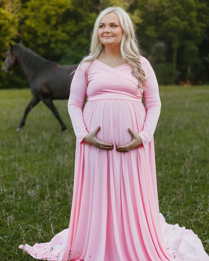 Saslax Maternity Off Shoulders Long Sleeve Half Circle Gown for Baby Shower Photo Props Dress Pink 29 Medium - Image 3