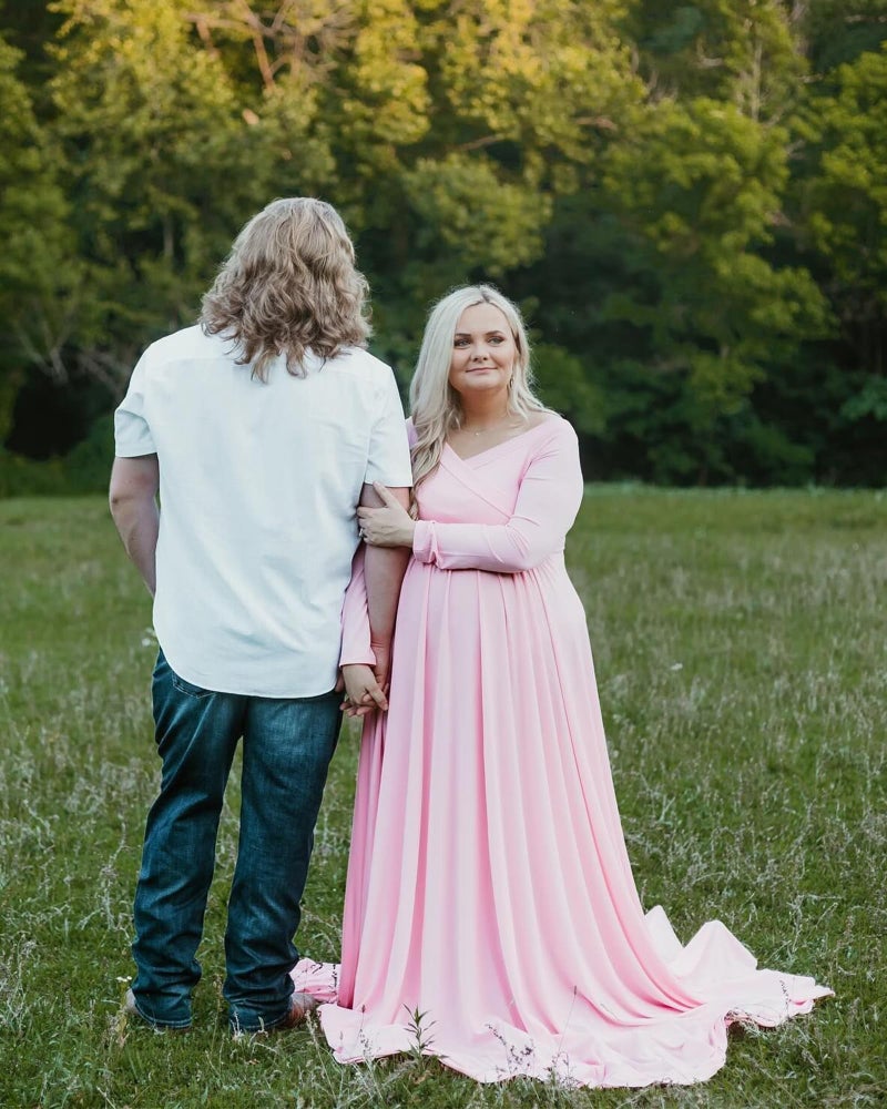 Saslax Maternity Off Shoulders Long Sleeve Half Circle Gown for Baby Shower Photo Props Dress Pink 29 Medium - Image 2