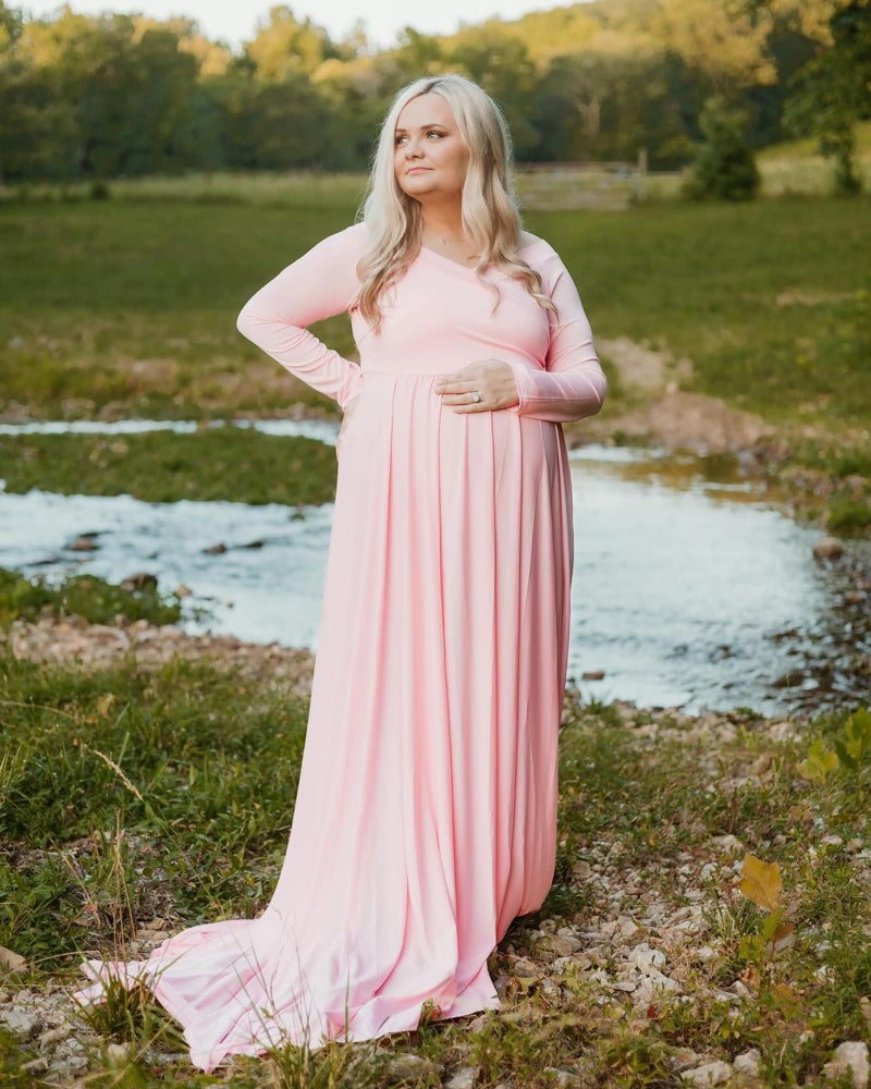 Saslax Maternity Off Shoulders Long Sleeve Half Circle Gown for Baby Shower Photo Props Dress Pink 29 Medium - Image 5