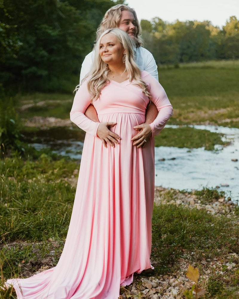 Saslax Maternity Off Shoulders Long Sleeve Half Circle Gown for Baby Shower Photo Props Dress Pink 29 Medium - Image 4
