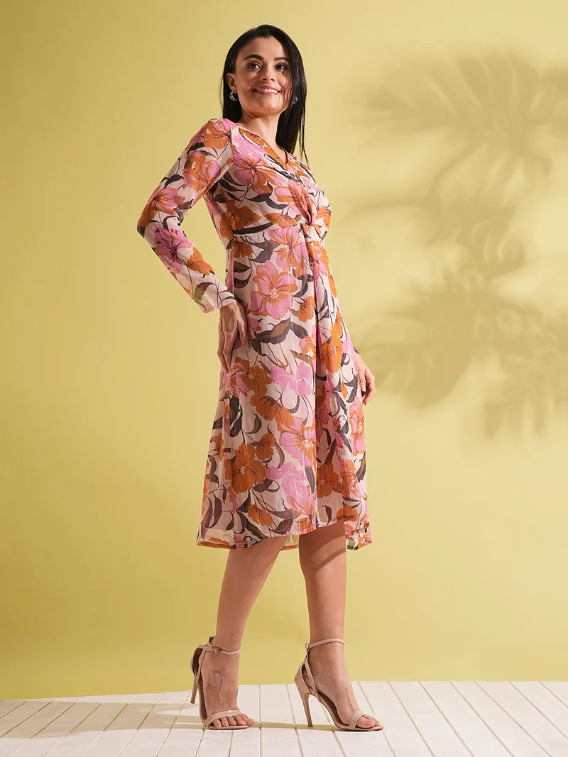 globus Women Floral Print V-Neck Full Sleeves Twisted Detail A-Line Midi Dress