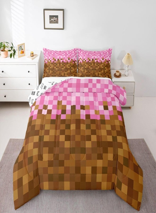 Man Fei Manfei Pixelated Grid Kids Comforter Set Twin Size,Miners Building Bedding Set for Teens Adults Bedroom Decor,Cartoon Gamepad Duvet Insert,Brown Pink Quilted Duvet Set with 1 Pillowcase - Image 3