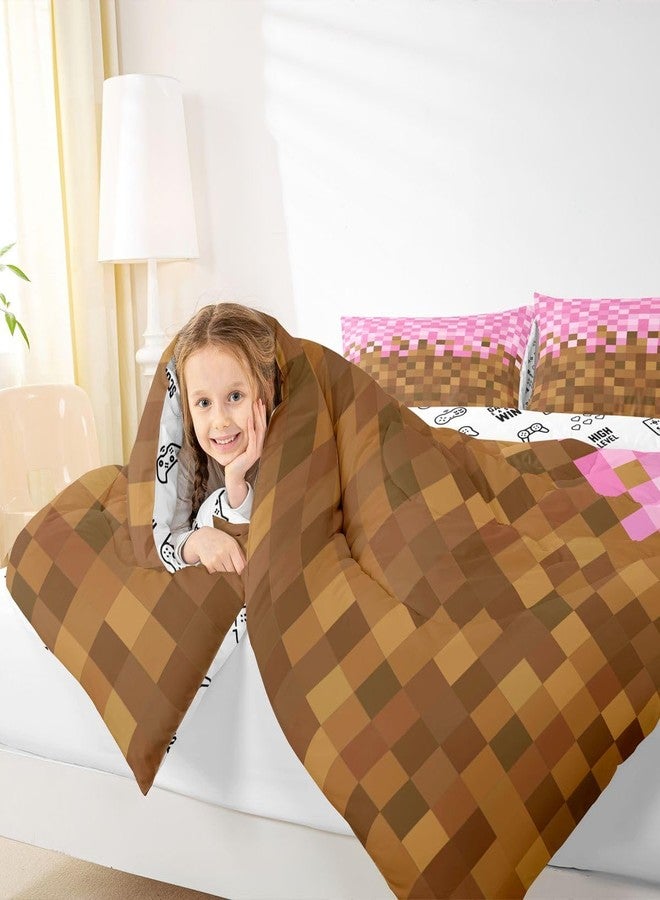 Man Fei Manfei Pixelated Grid Kids Comforter Set Twin Size,Miners Building Bedding Set for Teens Adults Bedroom Decor,Cartoon Gamepad Duvet Insert,Brown Pink Quilted Duvet Set with 1 Pillowcase - Image 5