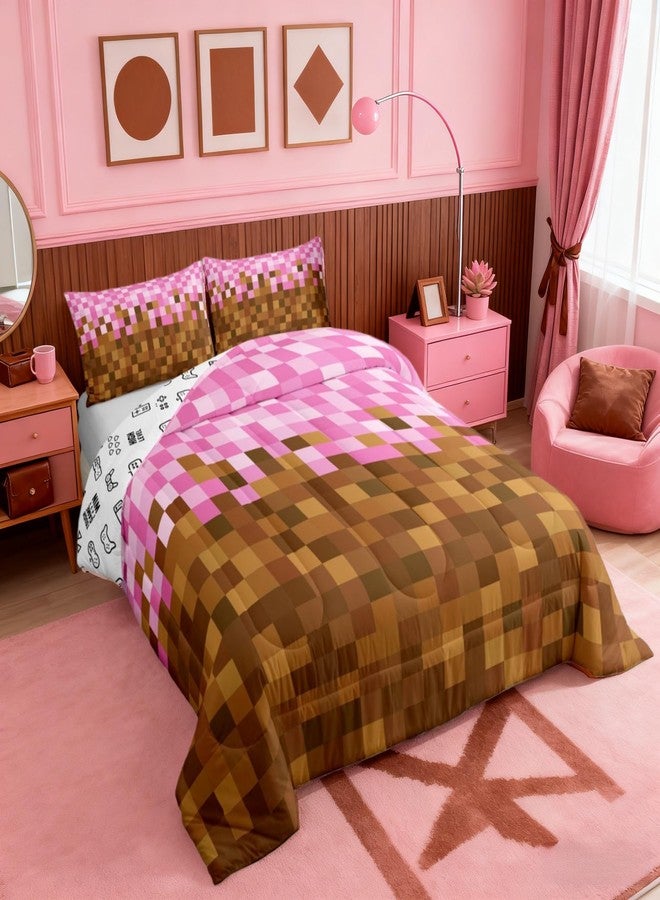 Man Fei Manfei Pixelated Grid Kids Comforter Set Twin Size,Miners Building Bedding Set for Teens Adults Bedroom Decor,Cartoon Gamepad Duvet Insert,Brown Pink Quilted Duvet Set with 1 Pillowcase - Image 2