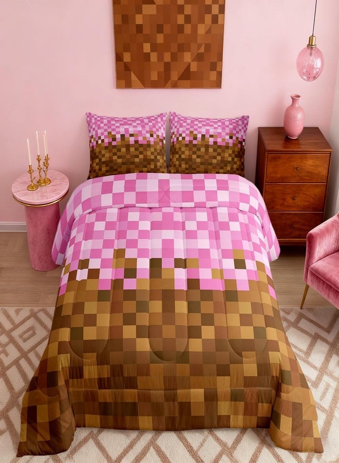 Man Fei Manfei Pixelated Grid Kids Comforter Set Twin Size,Miners Building Bedding Set for Teens Adults Bedroom Decor,Cartoon Gamepad Duvet Insert,Brown Pink Quilted Duvet Set with 1 Pillowcase - Image 1
