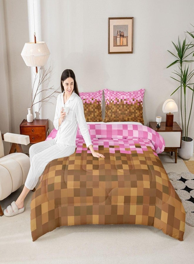 Man Fei Manfei Pixelated Grid Kids Comforter Set Twin Size,Miners Building Bedding Set for Teens Adults Bedroom Decor,Cartoon Gamepad Duvet Insert,Brown Pink Quilted Duvet Set with 1 Pillowcase - Image 4