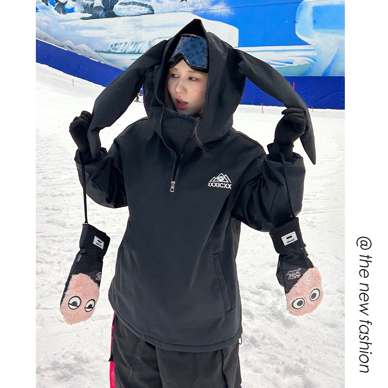 Generic Unisex Waterproof Bunny Ears Ski Jacket Plus Size Black 