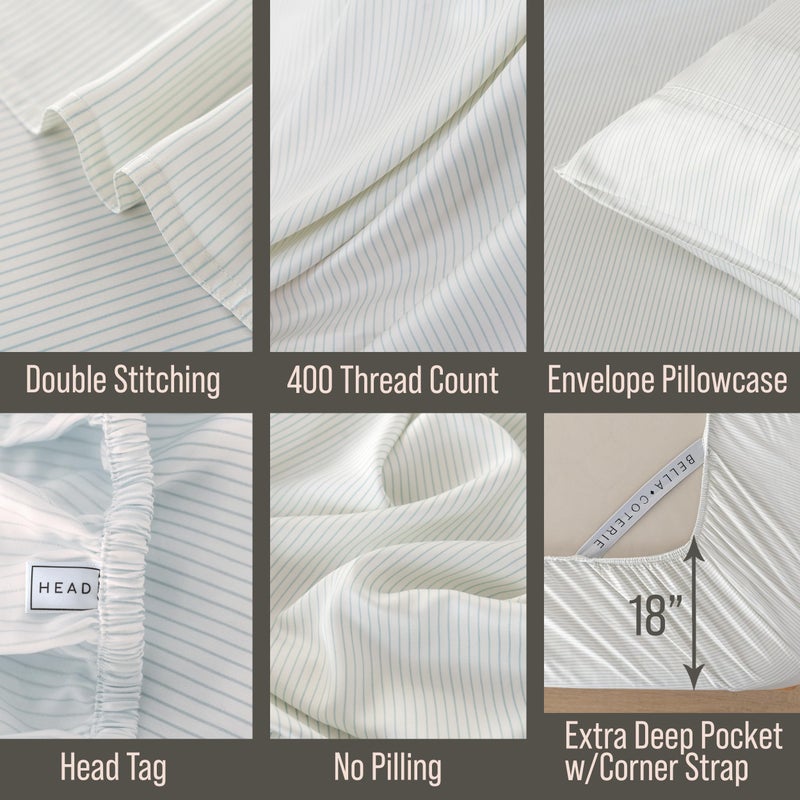 BC BELLA COTERIE Bella Coterie Luxury Bamboo Viscose King Size Sheet Set | 100% Organically Grown | Ultra Soft | Cooling for Hot Sleepers | 18" Deep Pocket [Striped Coastal Blue] - Image 3