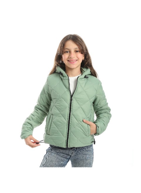 Full Zipper Closure Hooded Pump Jacket - Light Olive