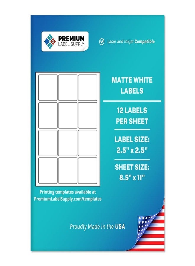 Premium Label Supply White Sticker Square Labels - 2.5" x 2.5" - Laser/Inkjet Compatible - (12 per Sheet), 25 Sheets - 300 Total Adhesive Labels - Image 1