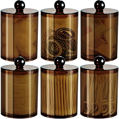 SheeChung 6 Pack Qtip Dispenser Apothecary Jars Bathroom with Labels - Qtip Holder Storage Canister Clear Plastic Acrylic Jar for Cotton Ball,Cotton Swab,Cotton Rounds,Floss Picks, Hair Clips (Bronze) - Image 1