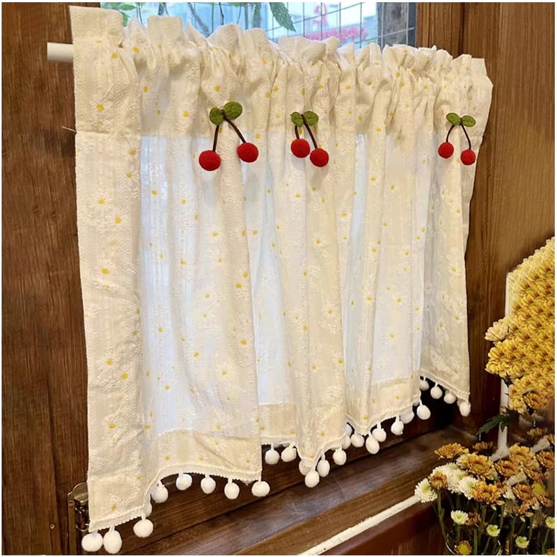 OLizee Embroidery Daisy Valance Curtain With Tassels Farmhouse Cherry Window Blackout Sheer for Bathroom Kitchen Cafe Decor White