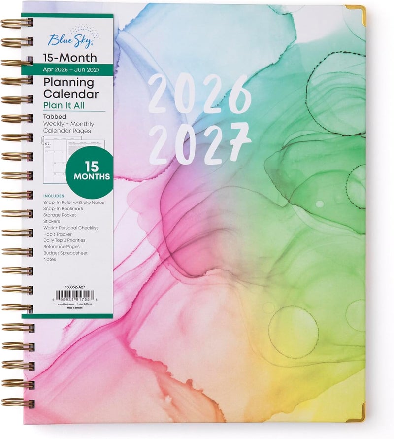 بلو سكاي 15 شهرًا 2026-2027 تقويم تخطيط العام الدراسي الأسبوعي والشهري، أبريل 2026 - يونيو 2027، 8.5 × 11 بوصة، غلاف صلب، ربط سلكي، علامات تبويب مغلفة، جيب تخزين، يتضمن مسطرة قابلة للتثبيت w - Image 1