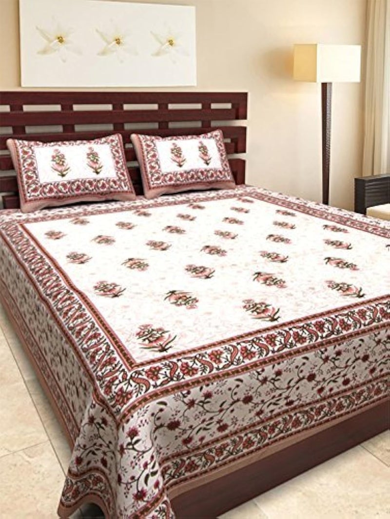 ART WORLD Queen Size Double Bed Sheet with Pillow Covers Pure Cotton Traditional Printed Bedcover (Brown, Queen) - Image 1