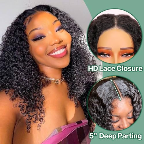 Ailwelia Curly Bob Wig Human Hair Jerry Curl 200% Density 5x5 HD Lace Closure Wigs Human Hair Bob Wigs For Black Women Wear And Go Glueless Curly Wig 1B Color 14 Inch - Image 2
