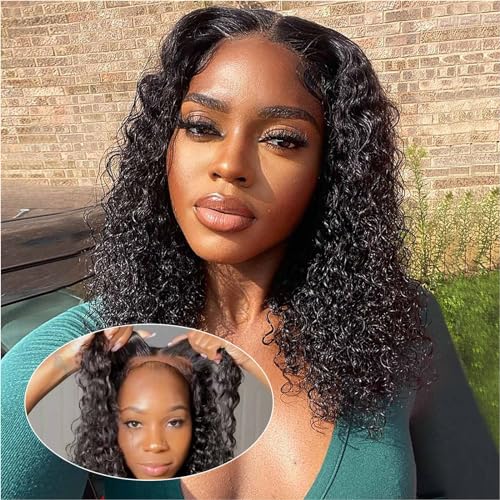 Ailwelia Curly Bob Wig Human Hair Jerry Curl 200% Density 5x5 HD Lace Closure Wigs Human Hair Bob Wigs For Black Women Wear And Go Glueless Curly Wig 1B Color 14 Inch - Image 1