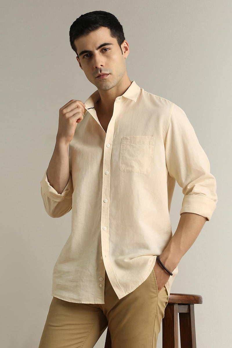 Peter England Men Beige Textured Full Sleeves Casual Shirt - Image 2