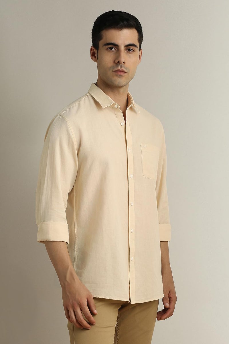 Peter England Men Beige Textured Full Sleeves Casual Shirt - Image 3