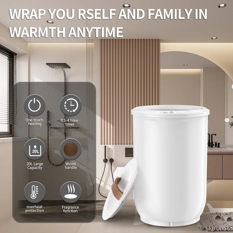 FLYHIT Large Towel Warmer for Bathroom - Heated Towel Warmers Bucket, Wood Handle, Auto Shut Off, Fits Up to Two 40"X70" Oversized Towels, Bathrobes, Blankets, for Mother's Gifts, White - Image 3