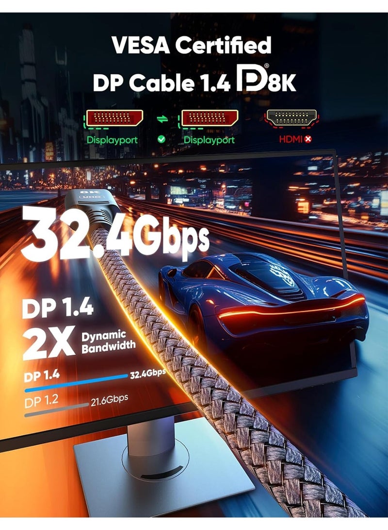 مي فازا كابل DisplayPort 1.4 - كابل DP إلى DP - يدعم سرعة نقل بيانات تصل إلى 32.4 جيجابت في الثانية، ودقة 8K بمعدل 60 هرتز، ودقة 4K بمعدل 144 هرتز، وتقنية DSC 1.2، وتقنية HDR10، وتقنية FreeSync، وتقنية G-Sync لشاشات الألعاب، وبطاقات الرسومات، وأجهزة الكمبيوتر - هيكل من سبائك الألومنيوم وحبل من النايلون المضفر - Image 3
