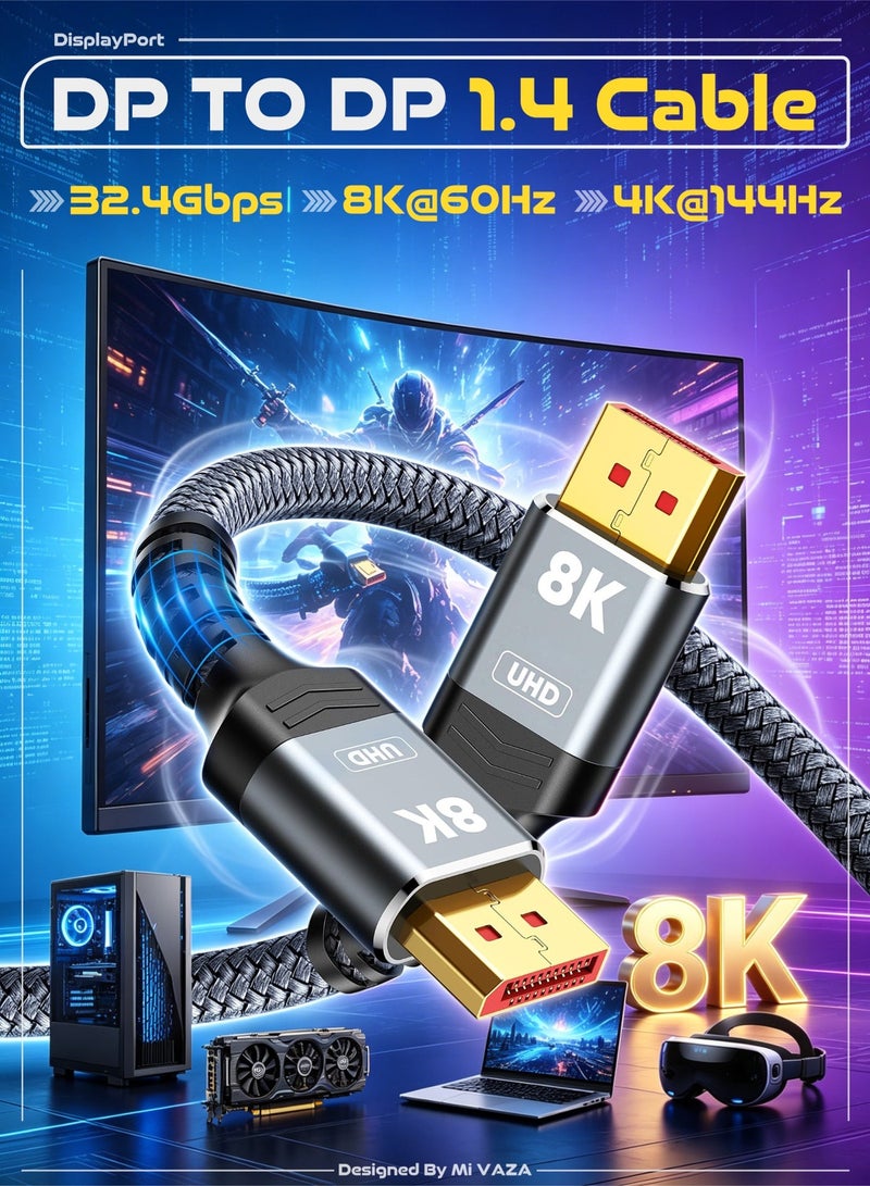 مي فازا كابل DisplayPort 1.4 - كابل DP إلى DP - يدعم سرعة نقل بيانات تصل إلى 32.4 جيجابت في الثانية، ودقة 8K بمعدل 60 هرتز، ودقة 4K بمعدل 144 هرتز، وتقنية DSC 1.2، وتقنية HDR10، وتقنية FreeSync، وتقنية G-Sync لشاشات الألعاب، وبطاقات الرسومات، وأجهزة الكمبيوتر - هيكل من سبائك الألومنيوم وحبل من النايلون المضفر - Image 1