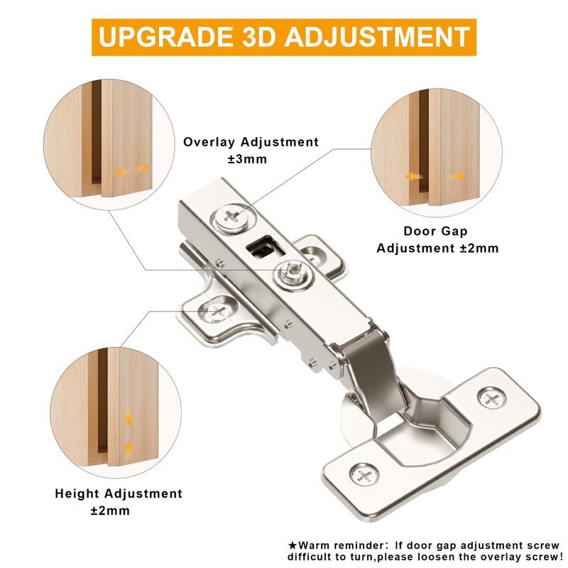 Luokim 2 Pack 1 Pair Precision-Engineered Frameless Full Overlay Soft Close Cabinet Hinges, European Hinges for Cabinets, Hidden Cabinet Hinges Adjustable 35mm Cup Clip-On Plate Nickel Plated Finish - Image 3