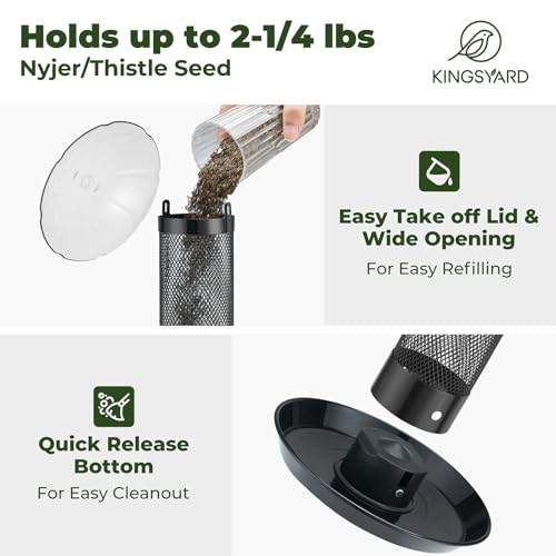 Kingsyard Finch Bird Feeder for Outdoors Hanging, Metal Mesh Tube Bird Feeders for Thistle & Nyjer Seed, Large Removable Tray & Rainproof Dome, 2.5 lbs Seed Capacity, Black - Image 3