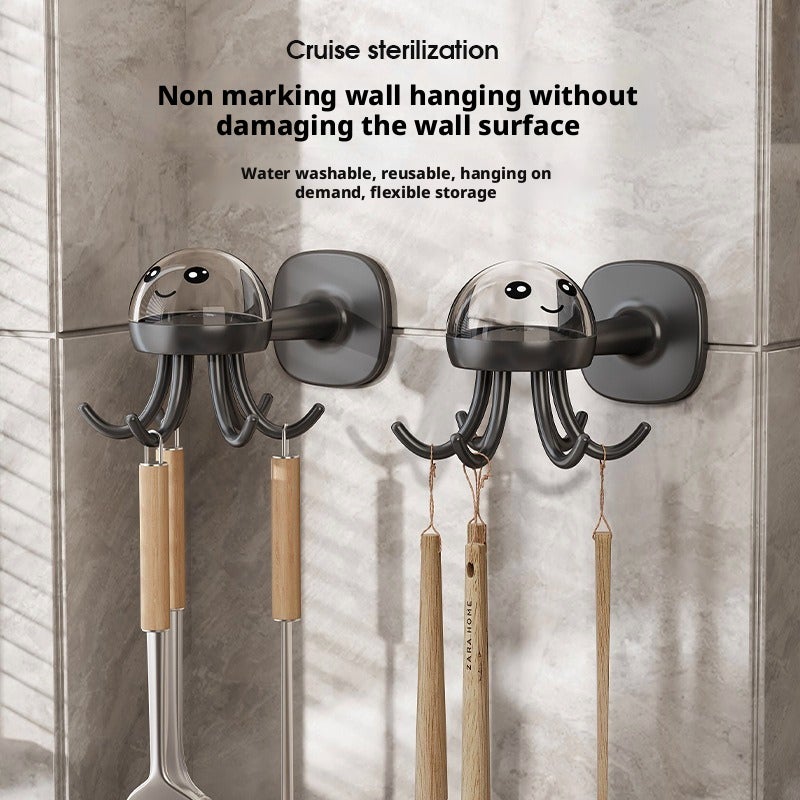Small Octopus Kitchen Rotating Hook, No-Drill Adhesive Wall Rack, Plastic - Image 2