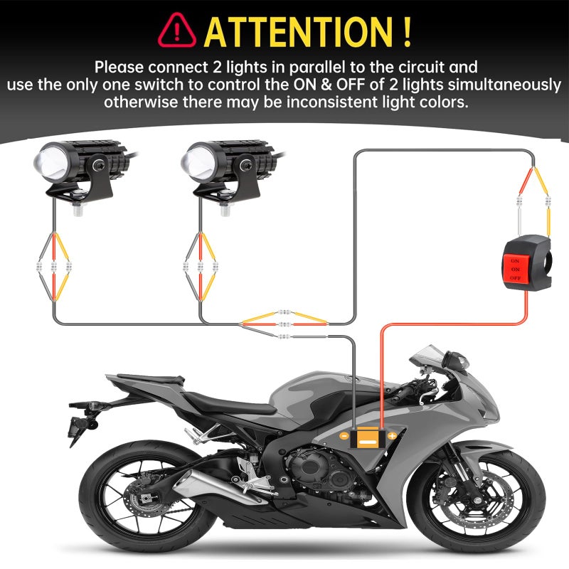 Windance 2pcs 32W LED Motorcycle Headlight with Switch, Yellow White Dual Color Hi/Lo Beam for Motorcycle, 2400LM 3000K 6000K Crash Bar Front Fork Spotlight (Spotlights (2 pack)) - Image 4
