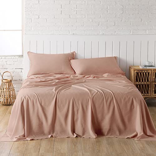 PANDATEX Dusty Pink Linen-Textured Bed Sheets Set, Bamboo Rayon, Cotton, Linen Blend Bed Sheets Twin Size, Soft Cool & Breathable for Hot Sleepers,Durable Natural Organic Bed 15'' Deep Pocket - 3 Piece - Image 2