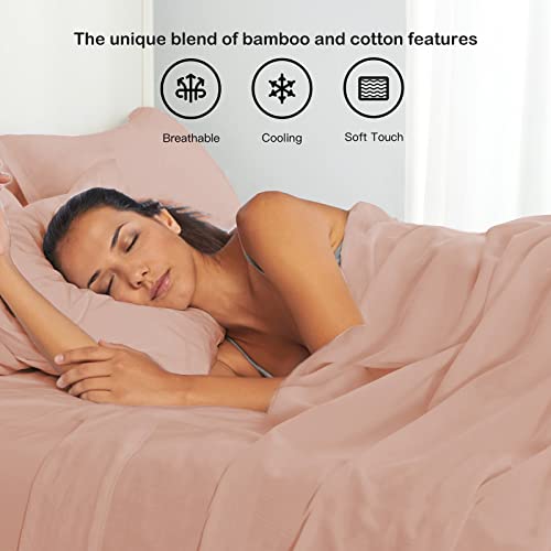 PANDATEX Dusty Pink Linen-Textured Bed Sheets Set, Bamboo Rayon, Cotton, Linen Blend Bed Sheets Twin Size, Soft Cool & Breathable for Hot Sleepers,Durable Natural Organic Bed 15'' Deep Pocket - 3 Piece - Image 4