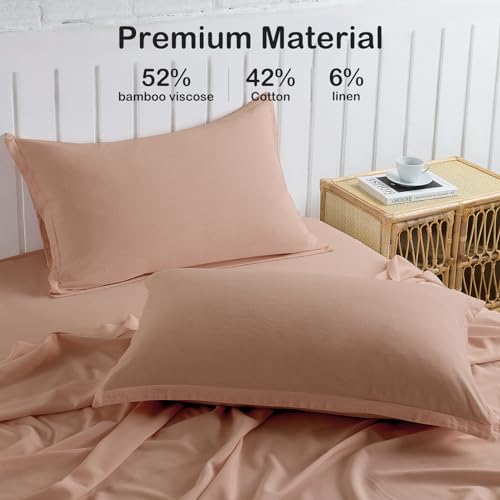 PANDATEX Dusty Pink Linen-Textured Bed Sheets Set, Bamboo Rayon, Cotton, Linen Blend Bed Sheets Twin Size, Soft Cool & Breathable for Hot Sleepers,Durable Natural Organic Bed 15'' Deep Pocket - 3 Piece - Image 3