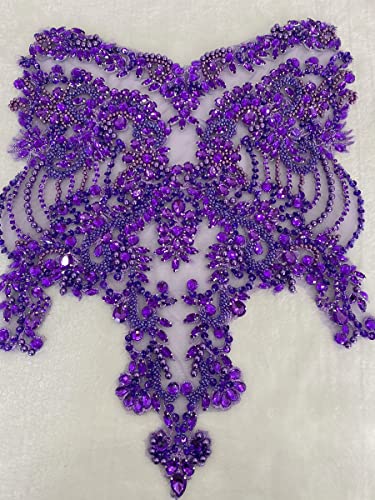 Zbroh Handmade red/Blue/Gold/Green Rhinestones lace Bodice Applique Sewing Beads Crystal Trim Patches Accessory for Dress Clothes (Purple) - Image 2