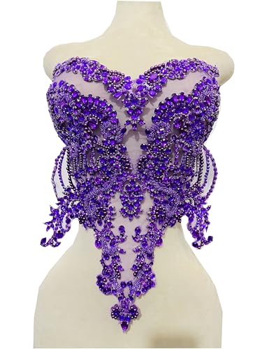 Zbroh Handmade red/Blue/Gold/Green Rhinestones lace Bodice Applique Sewing Beads Crystal Trim Patches Accessory for Dress Clothes (Purple) - Image 1