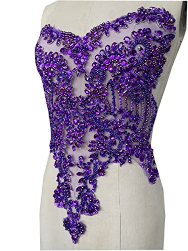 Zbroh Handmade red/Blue/Gold/Green Rhinestones lace Bodice Applique Sewing Beads Crystal Trim Patches Accessory for Dress Clothes (Purple) - Image 4