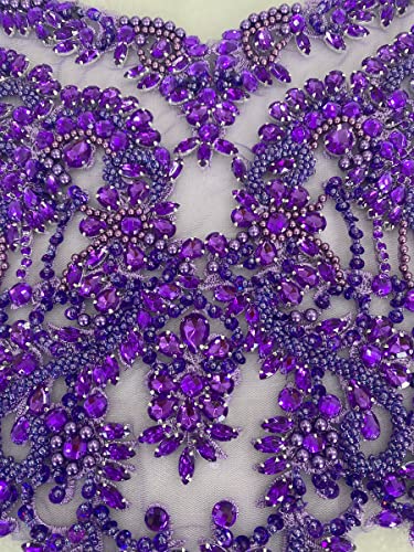 Zbroh Handmade red/Blue/Gold/Green Rhinestones lace Bodice Applique Sewing Beads Crystal Trim Patches Accessory for Dress Clothes (Purple) - Image 3